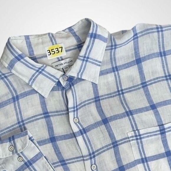 NWOT Peter Millar Stillwater Sport 100% Linen Button Up Men Shirt 2XL White/Blue - Picture 1 of 11